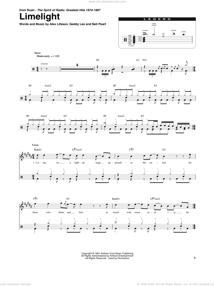 Limelight sheet music for drums by Rush, Alex Lifeson, Geddy Lee and Neil Peart, intermediate skill level