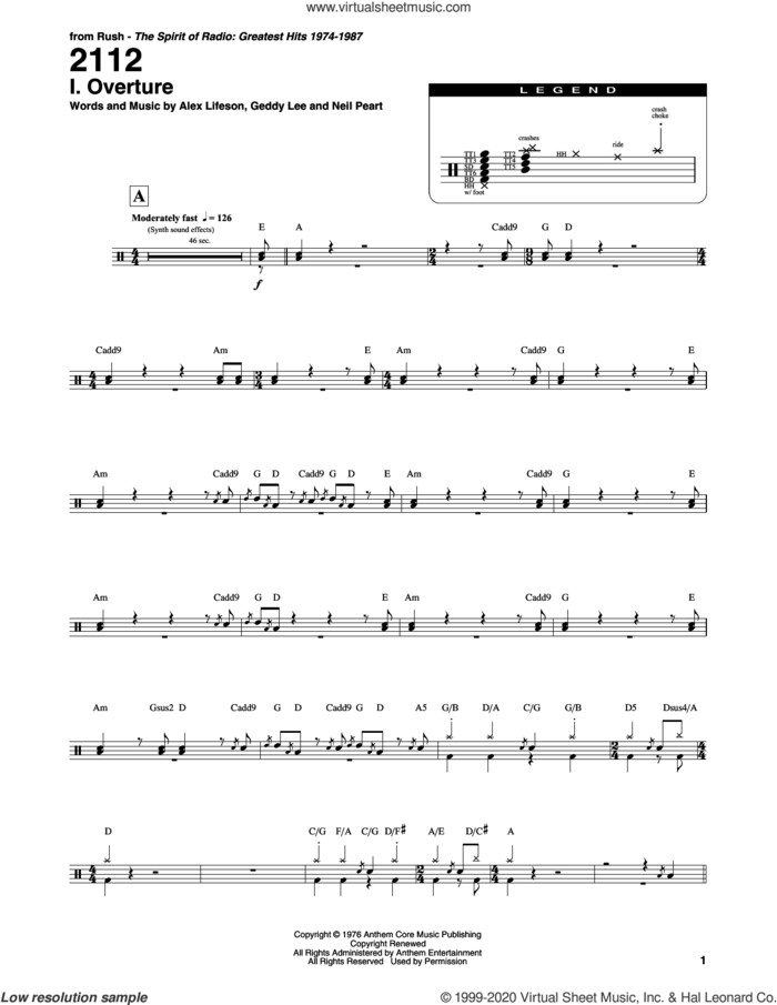 2112 - I. Overture sheet music for drums by Rush, Alex Lifeson, Geddy Lee and Neil Peart, intermediate skill level
