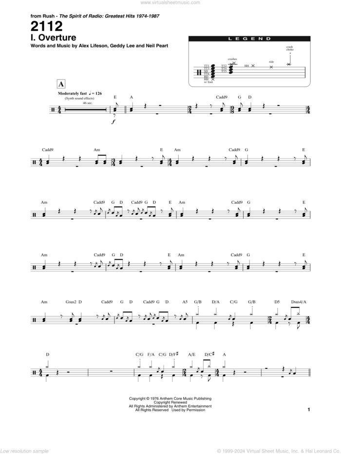 2112 - I. Overture sheet music for drums by Rush, Alex Lifeson, Geddy Lee and Neil Peart, intermediate skill level