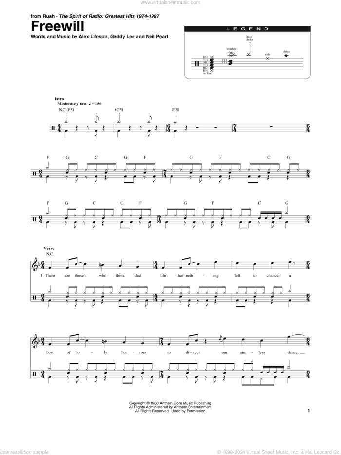 Freewill sheet music for drums by Rush, Alex Lifeson, Geddy Lee and Neil Peart, intermediate skill level