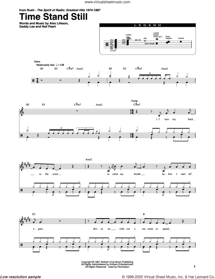 Time Stand Still sheet music for drums by Rush, Alex Lifeson, Geddy Lee and Neil Peart, intermediate skill level