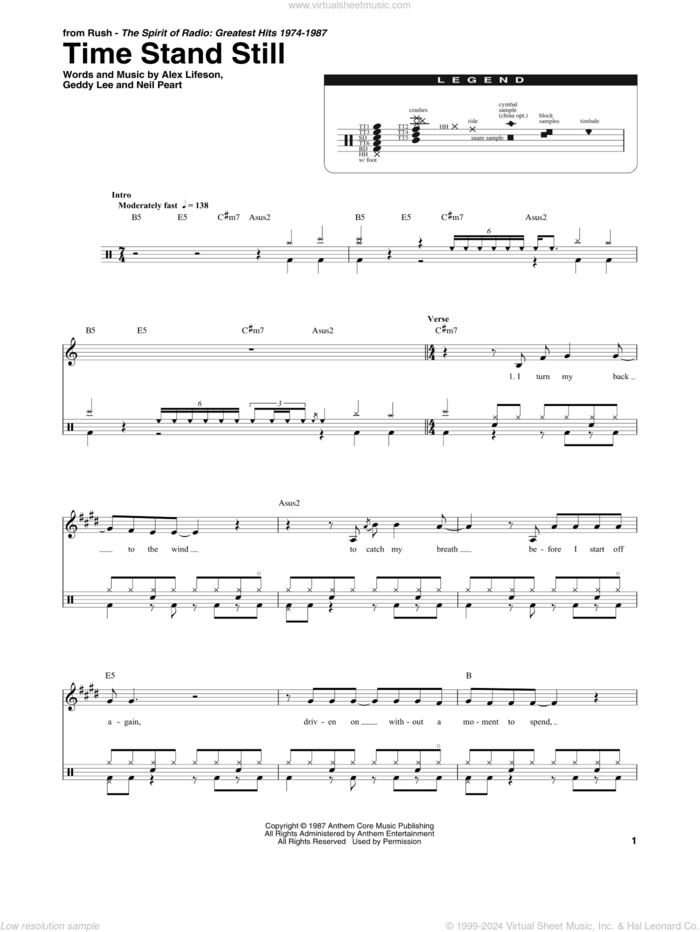 Time Stand Still sheet music for drums by Rush, Alex Lifeson, Geddy Lee and Neil Peart, intermediate skill level