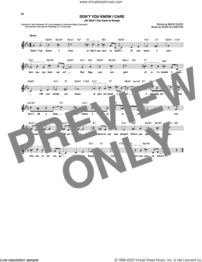 Don't You Know I Care (Or Don't You Care To Know) sheet music for voice and other instruments (fake book) by Duke Ellington and Mack David, intermediate skill level