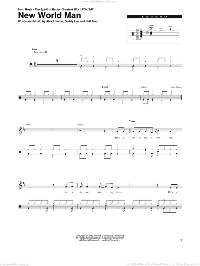 New World Man sheet music for drums by Rush, Alex Lifeson, Geddy Lee and Neil Peart, intermediate skill level