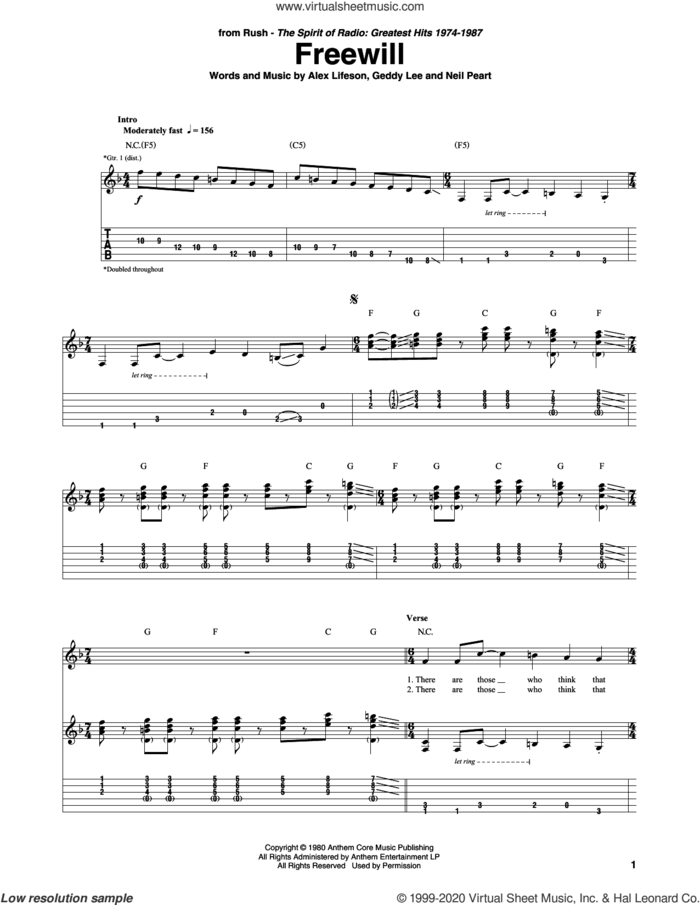 Freewill sheet music for guitar (tablature) by Rush, Alex Lifeson, Geddy Lee and Neil Peart, intermediate skill level