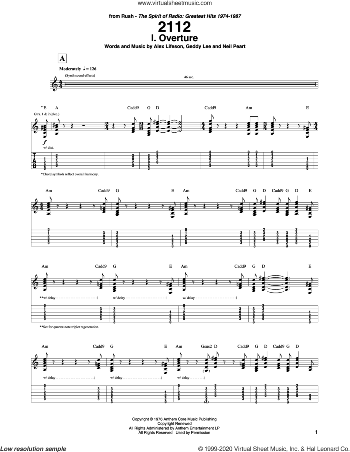 2112 - I. Overture sheet music for guitar (tablature) by Rush, Alex Lifeson, Geddy Lee and Neil Peart, intermediate skill level