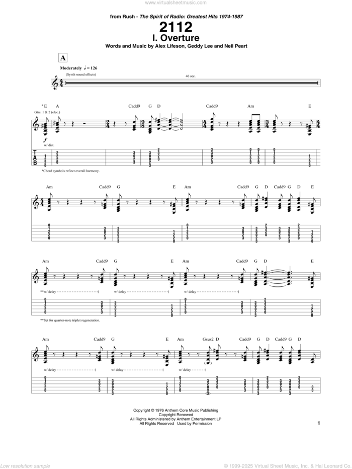 2112 - I. Overture sheet music for guitar (tablature) by Rush, Alex Lifeson, Geddy Lee and Neil Peart, intermediate skill level