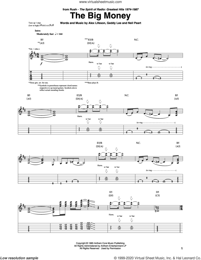 The Big Money sheet music for guitar (tablature) by Rush, Alex Lifeson, Geddy Lee and Neil Peart, intermediate skill level