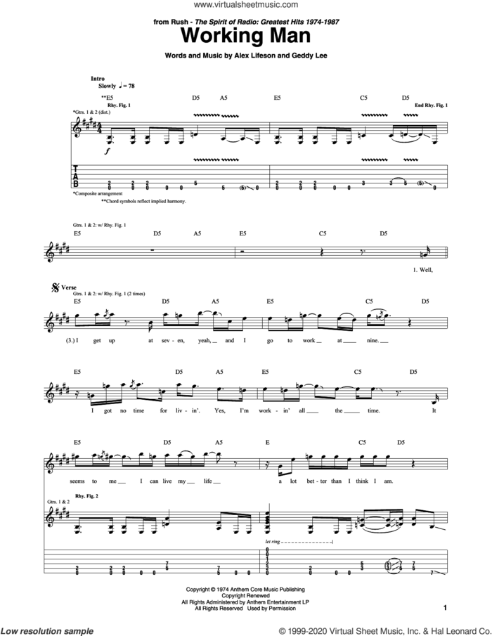 Working Man sheet music for guitar (tablature) by Rush, Alex Lifeson and Geddy Lee, intermediate skill level