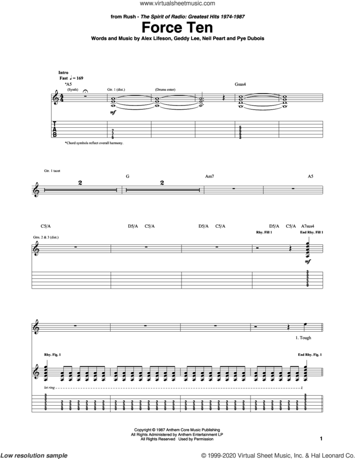 Force Ten sheet music for guitar (tablature) by Rush, Alex Lifeson, Geddy Lee, Neil Peart and Pye Dubois, intermediate skill level