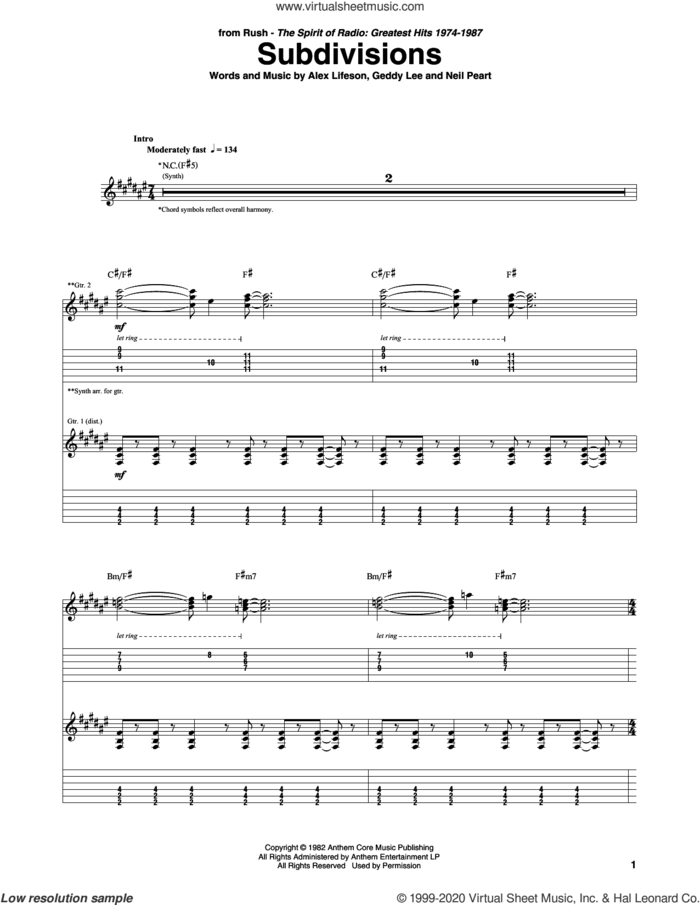 Subdivisions sheet music for guitar (tablature) by Rush, Alex Lifeson, Geddy Lee and Neil Peart, intermediate skill level
