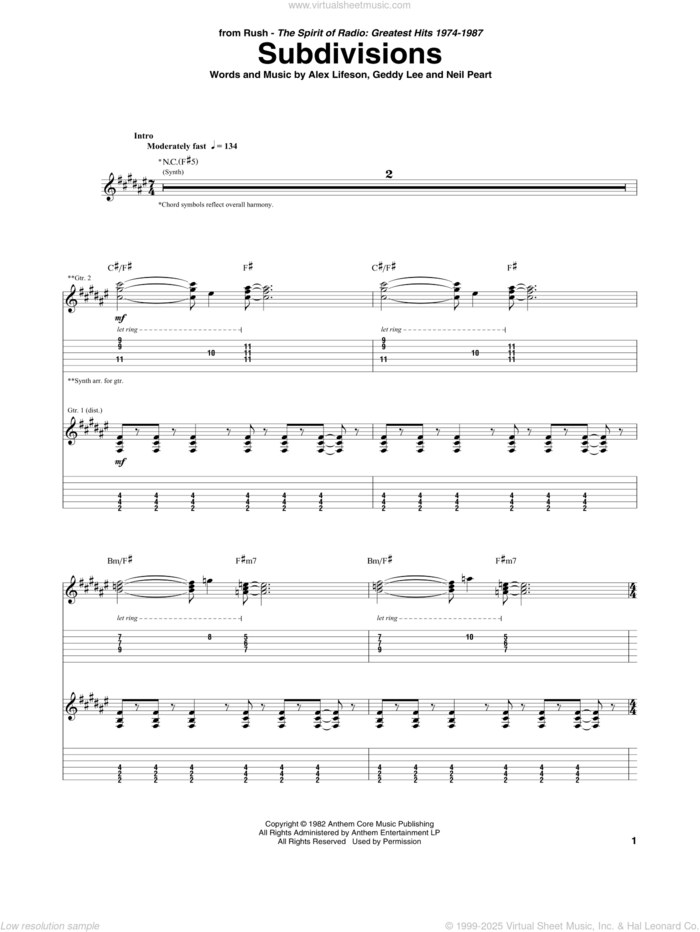 Subdivisions sheet music for guitar (tablature) by Rush, Alex Lifeson, Geddy Lee and Neil Peart, intermediate skill level