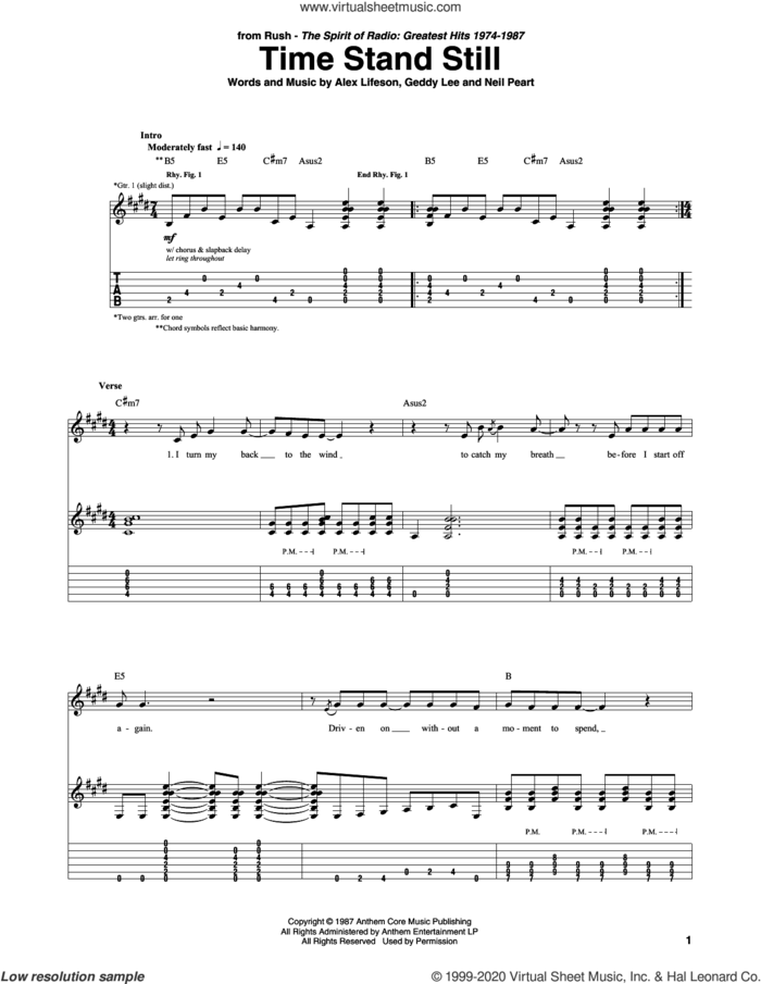 Time Stand Still sheet music for guitar (tablature) by Rush, Alex Lifeson, Geddy Lee and Neil Peart, intermediate skill level
