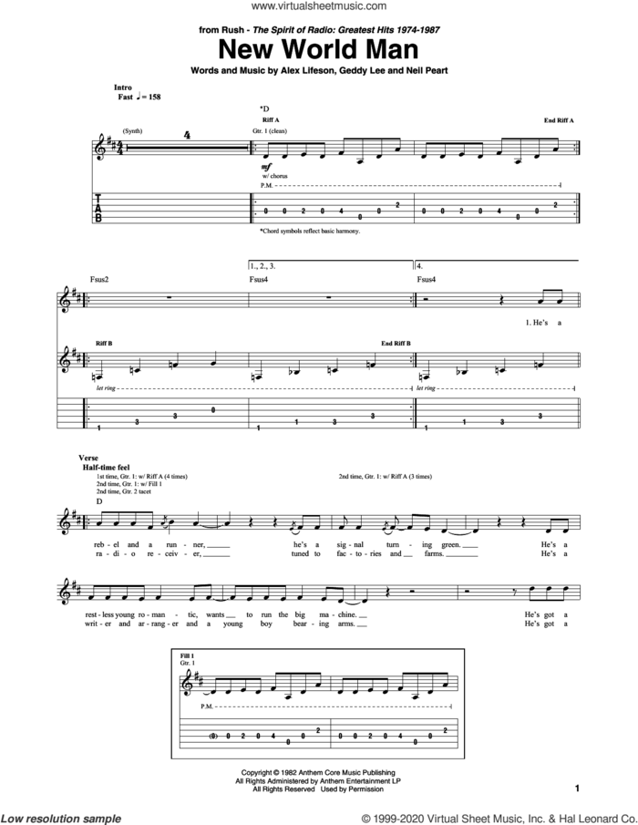 New World Man sheet music for guitar (tablature) by Rush, Alex Lifeson, Geddy Lee and Neil Peart, intermediate skill level