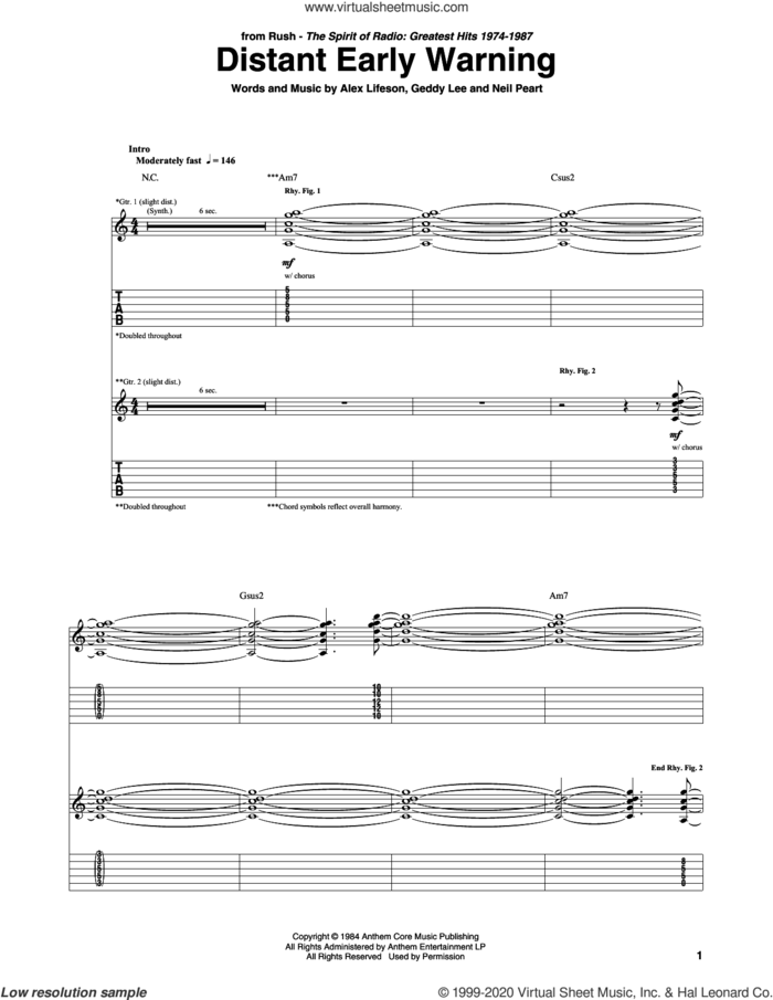 Distant Early Warning sheet music for guitar (tablature) by Rush, Alex Lifeson, Geddy Lee and Neil Peart, intermediate skill level