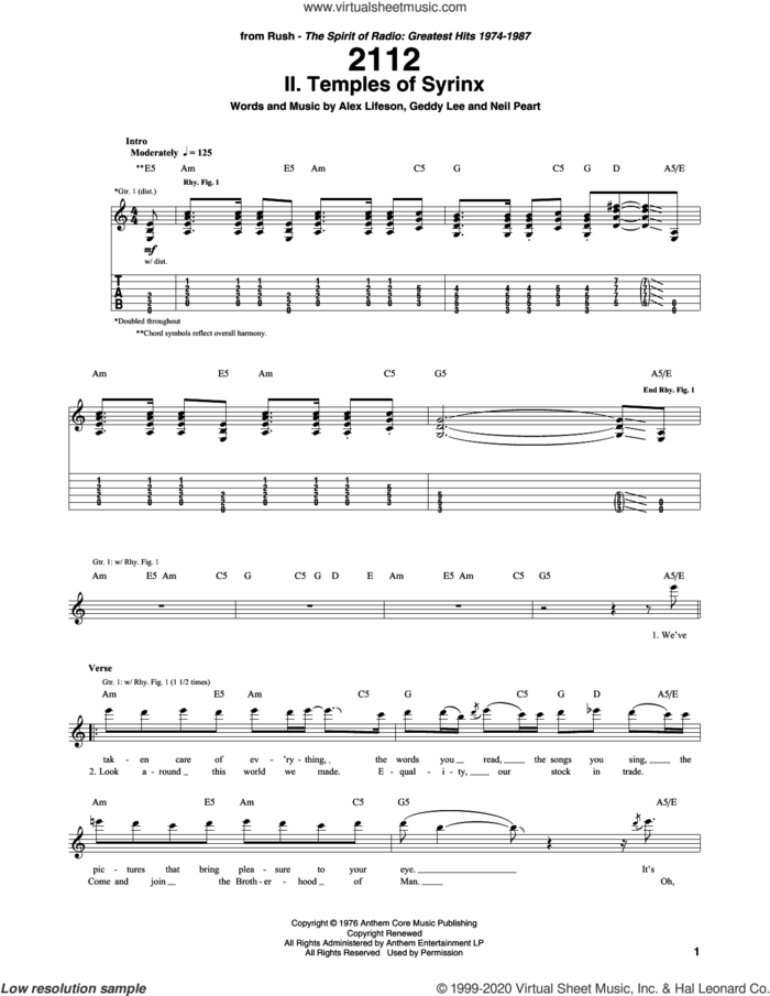 2112 - II. The Temples Of Syrinx sheet music for guitar (tablature) by Rush, Alex Lifeson, Geddy Lee and Neil Peart, intermediate skill level