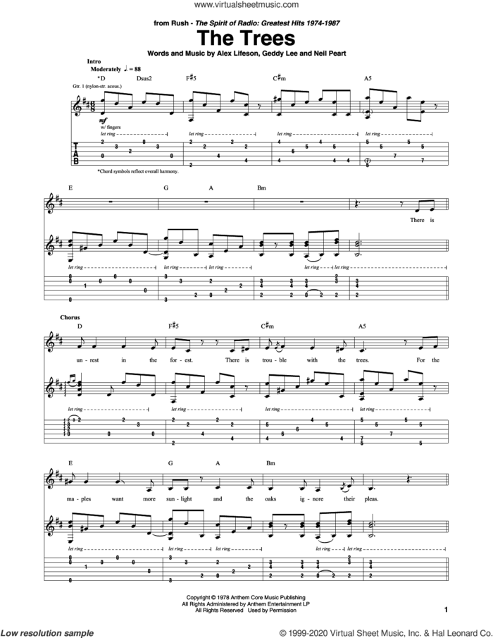 The Trees sheet music for guitar (tablature) by Rush, Alex Lifeson, Geddy Lee and Neil Peart, intermediate skill level