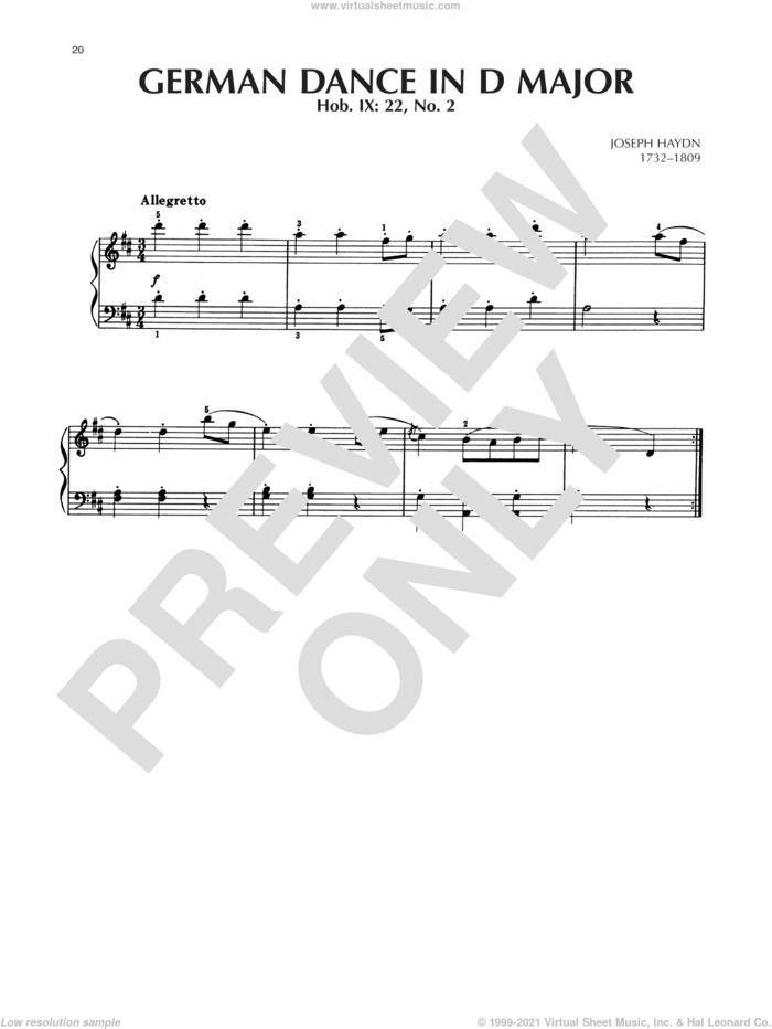 German Dance In D Major, Hob. IX: 22, No. 2 sheet music for piano solo by Franz Joseph Haydn, classical score, intermediate skill level