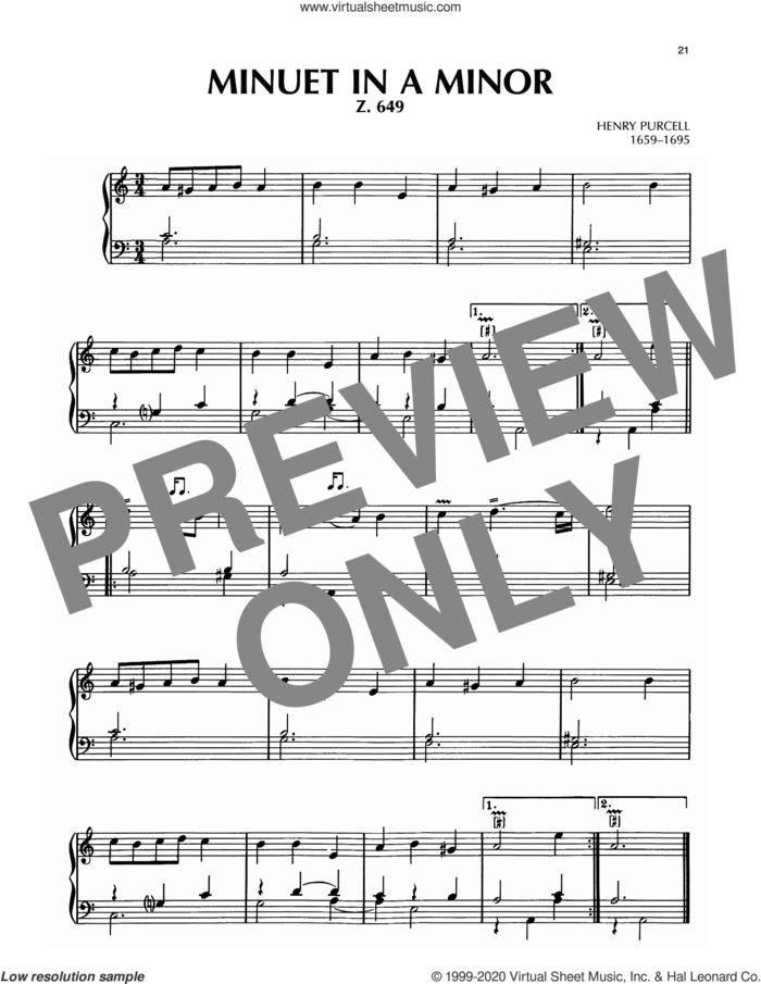 Minuet In A Minor, Z. 649 sheet music for piano solo by Henry Purcell, classical score, intermediate skill level