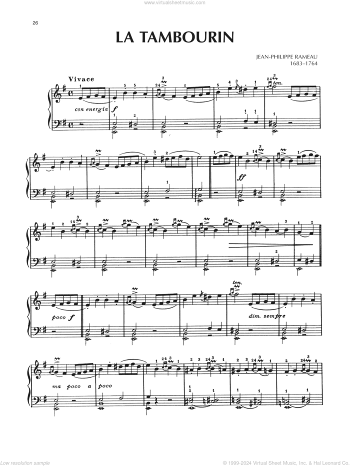 La Tambourin sheet music for piano solo by Jean-Philippe Rameau, classical score, intermediate skill level