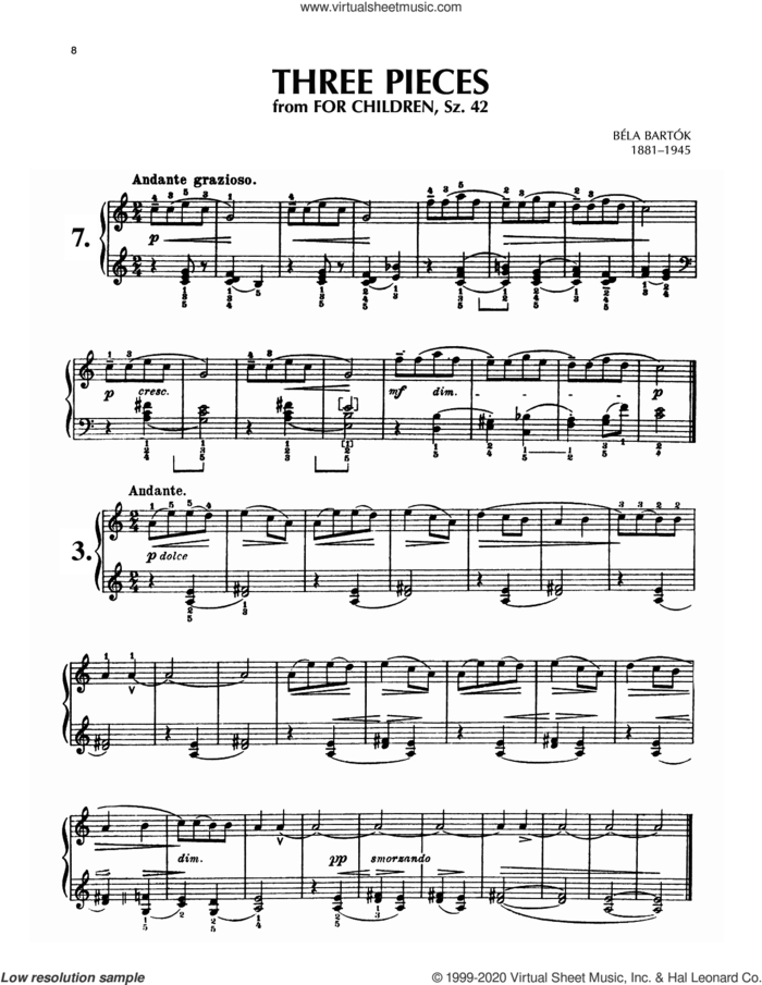Andante Grazioso, Sz. 42, No. 7 sheet music for piano solo by Bela Bartok and Bela Bartok, classical score, intermediate skill level