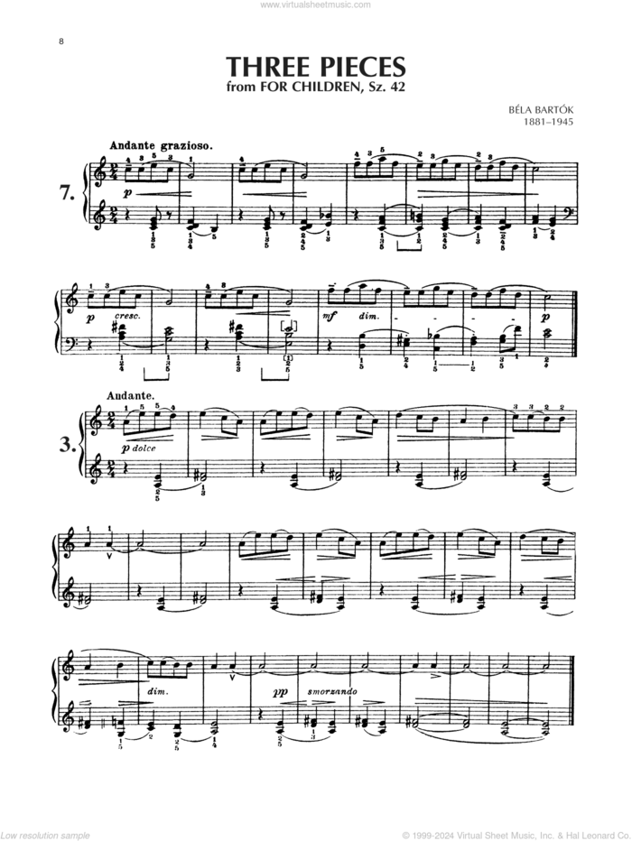 Andante Grazioso, Sz. 42, No. 7 sheet music for piano solo by Bela Bartok and Bela Bartok, classical score, intermediate skill level