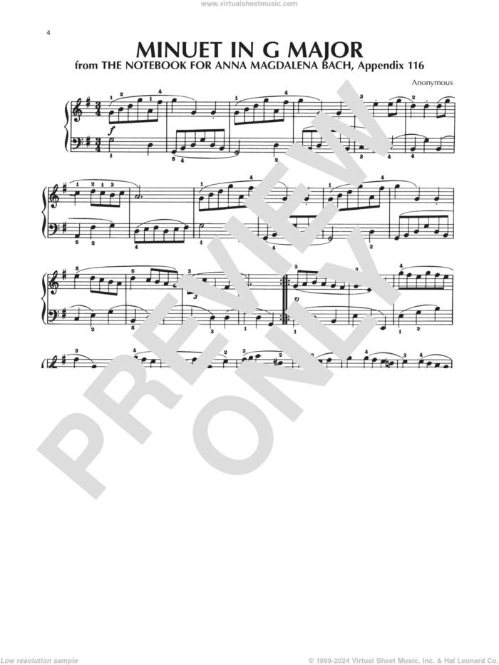 Minuet In G Major, BWV Appendix 116 sheet music for piano solo by Notebook for Anna Magdalena Bach and Anonymous, classical score, intermediate skill level