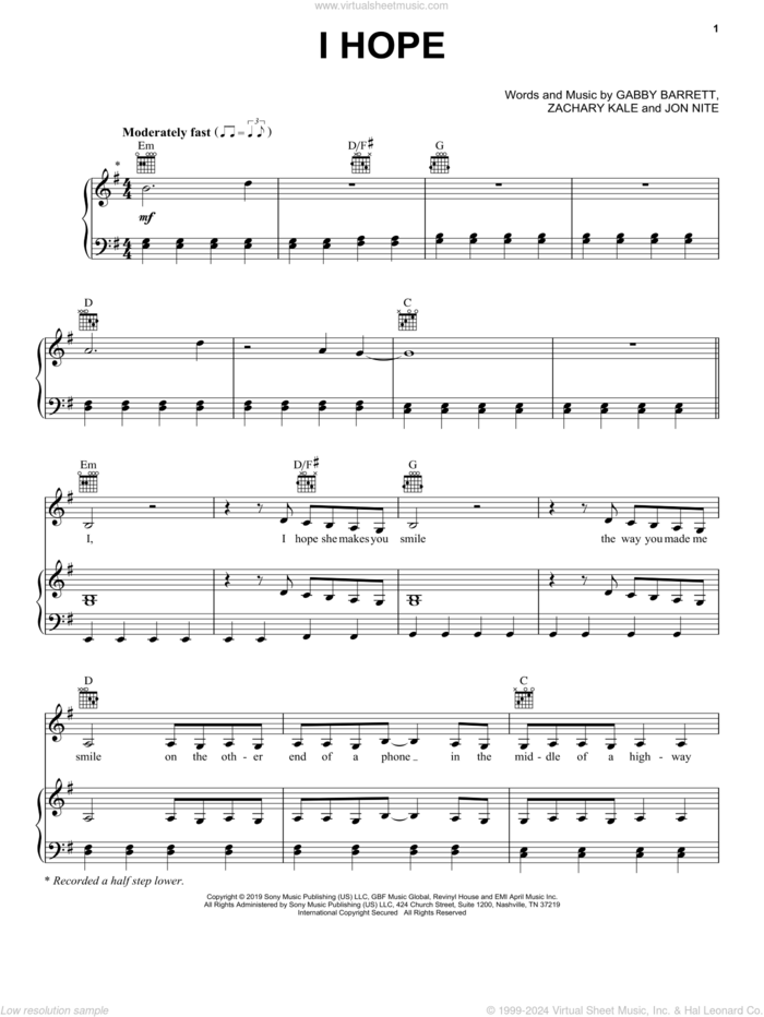 I Hope sheet music for voice, piano or guitar by Gabby Barrett, Jon Nite and Zachary Kale, intermediate skill level