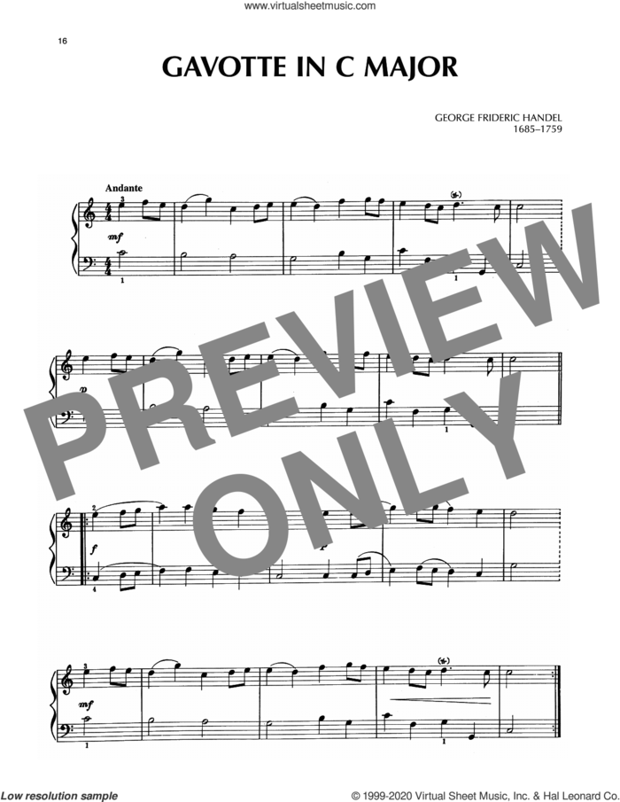 Gavotte In C Major sheet music for piano solo by George Frideric Handel, classical score, intermediate skill level
