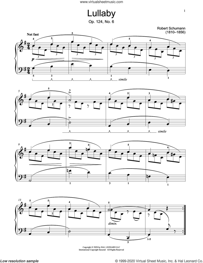 Little Lullaby, Op. 124, No. 6 sheet music for piano solo (elementary) by Robert Schumann and Jennifer Linn, classical score, beginner piano (elementary)