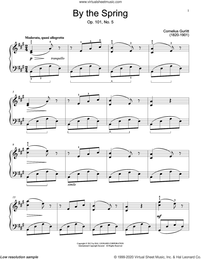 By The Spring, Op. 101, No. 5 sheet music for piano solo (elementary) by Cornelius Gurlitt and Jennifer Linn, classical score, beginner piano (elementary)