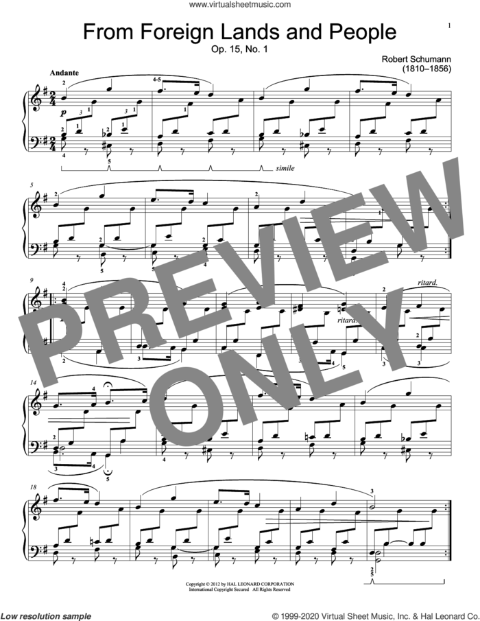 From Foreign Lands And People sheet music for piano solo (elementary) by Robert Schumann and Jennifer Linn, classical score, beginner piano (elementary)