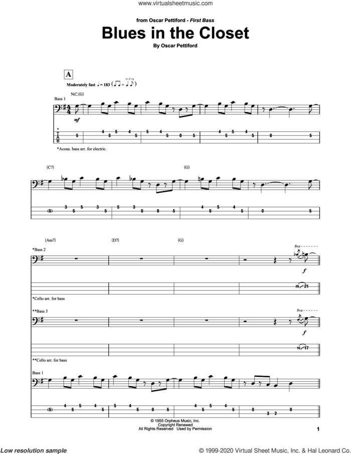 Blues In The Closet sheet music for bass (tablature) (bass guitar) by Oscar Pettiford, intermediate skill level