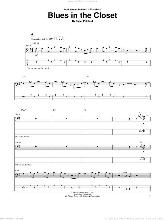 Blues In The Closet sheet music for bass (tablature) (bass guitar) by Oscar Pettiford, intermediate skill level