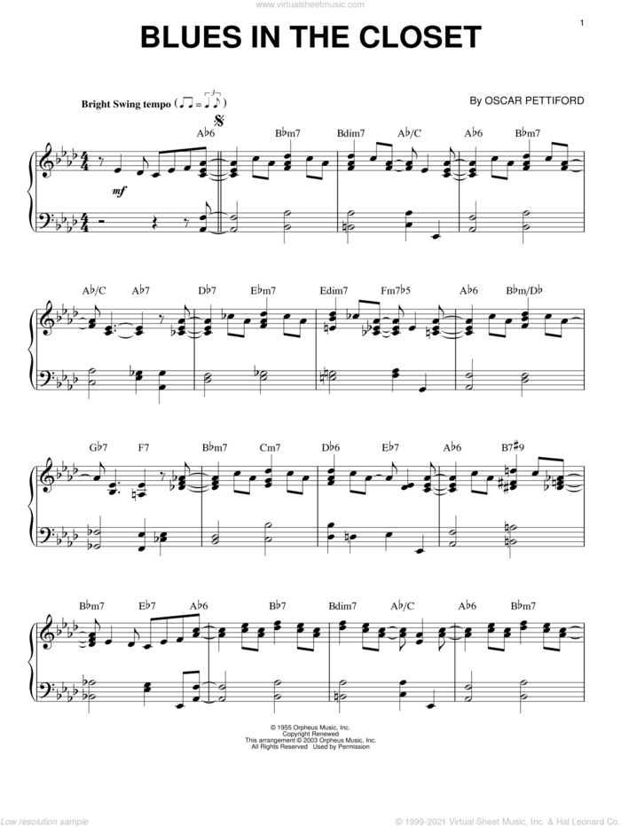 Blues In The Closet sheet music for piano solo by Oscar Pettiford, intermediate skill level