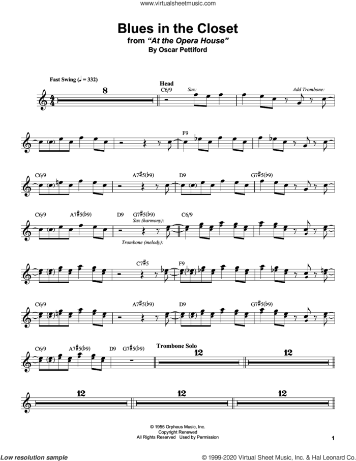 Blues In The Closet sheet music for tenor saxophone solo (transcription) by Stan Getz and Oscar Pettiford, intermediate tenor saxophone (transcription)