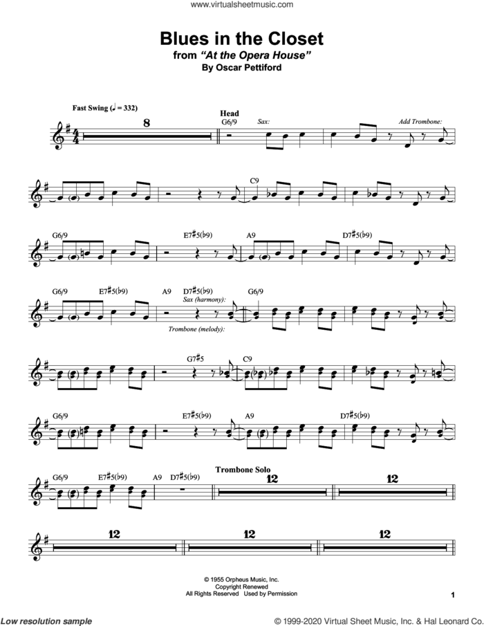 Blues In The Closet sheet music for alto saxophone (transcription) by Stan Getz and Oscar Pettiford, intermediate skill level