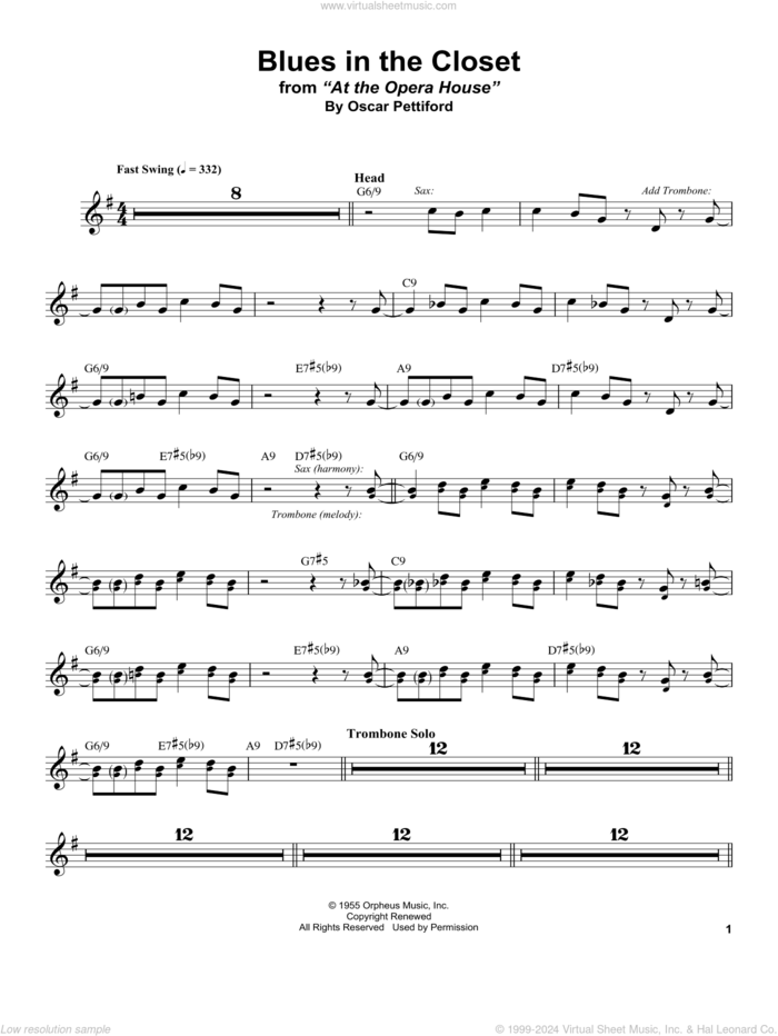 Blues In The Closet sheet music for alto saxophone (transcription) by Stan Getz and Oscar Pettiford, intermediate skill level