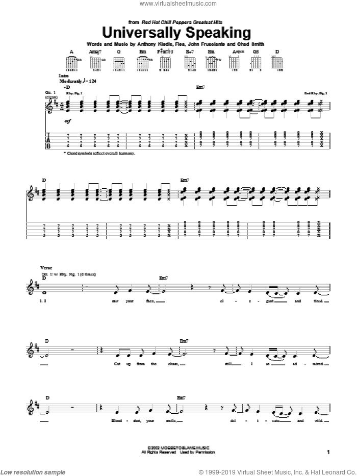 Universally Speaking sheet music for guitar (tablature) by Red Hot Chili Peppers, Anthony Kiedis, Flea and John Frusciante, intermediate skill level