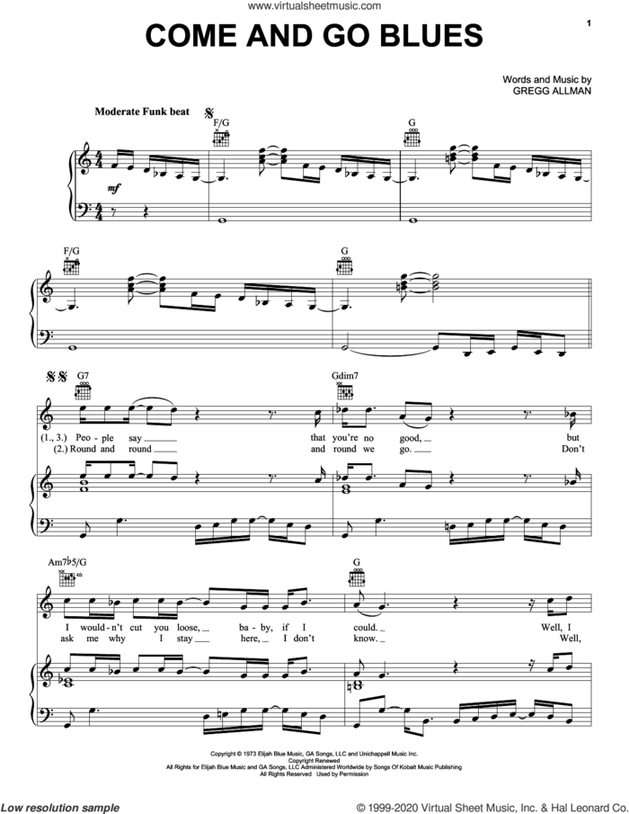 Come And Go Blues sheet music for voice, piano or guitar by The Allman Brothers Band and Gregg Allman, intermediate skill level