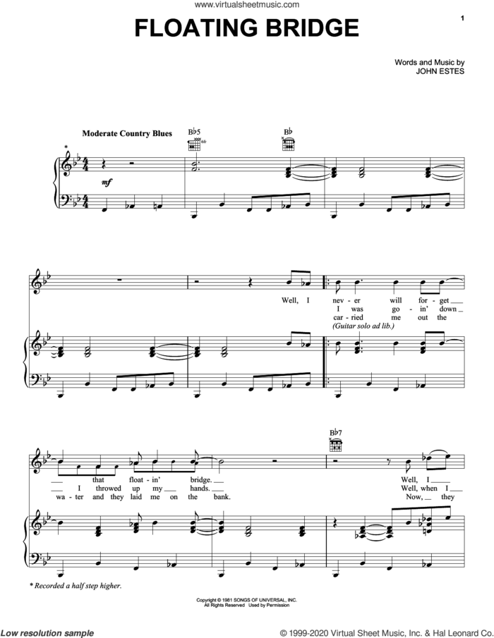 Floating Bridge sheet music for voice, piano or guitar by Gregg Allman and John Estes, intermediate skill level