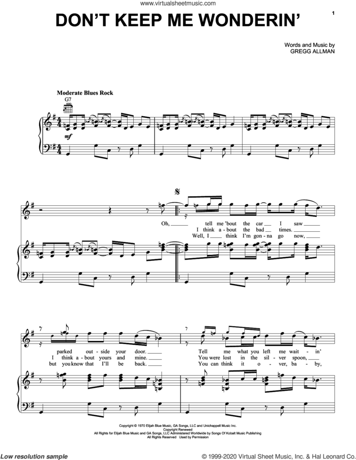 Don't Keep Me Wonderin' sheet music for voice, piano or guitar by The Allman Brothers Band and Gregg Allman, intermediate skill level