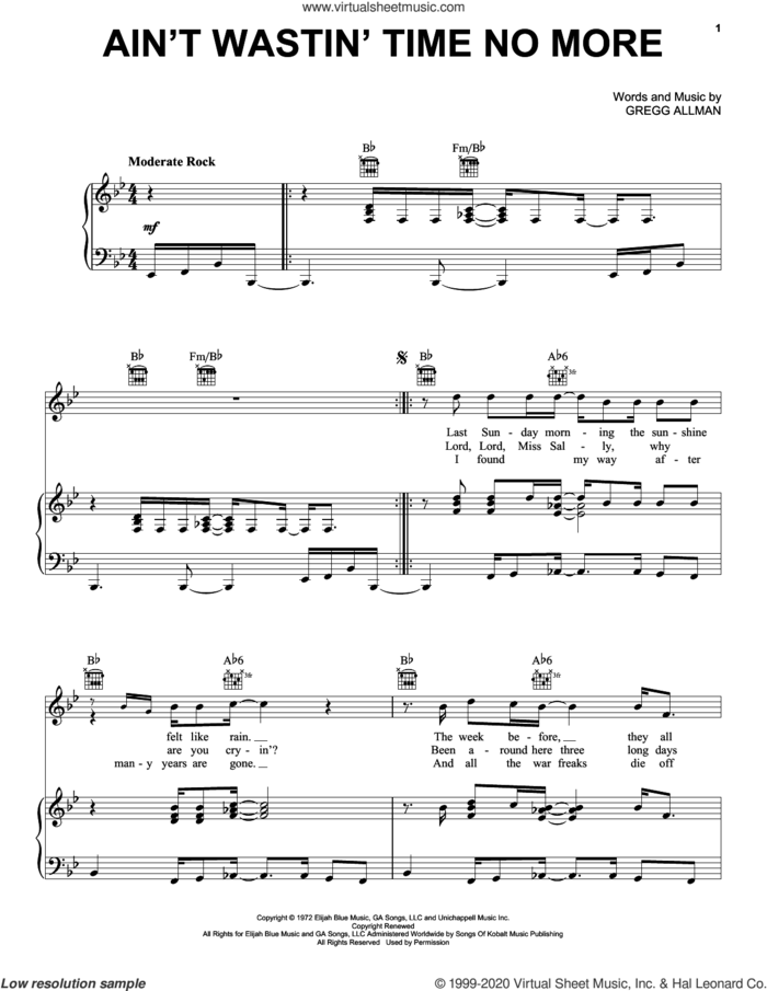 Ain't Wastin' Time No More sheet music for voice, piano or guitar by The Allman Brothers Band and Gregg Allman, intermediate skill level