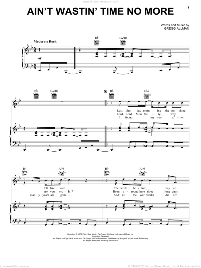 Ain't Wastin' Time No More sheet music for voice, piano or guitar by The Allman Brothers Band and Gregg Allman, intermediate skill level