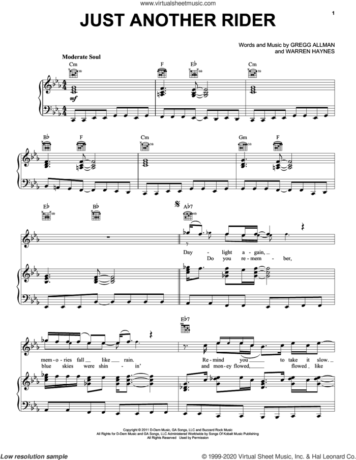Just Another Rider sheet music for voice, piano or guitar by Gregg Allman and Warren Haynes, intermediate skill level