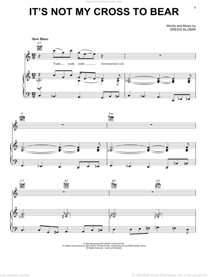 It's Not My Cross To Bear sheet music for voice, piano or guitar by The Allman Brothers Band and Gregg Allman, intermediate skill level