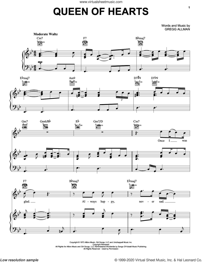 Queen Of Hearts sheet music for voice, piano or guitar by Gregg Allman, intermediate skill level
