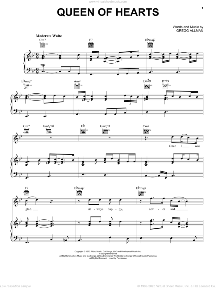 Queen Of Hearts sheet music for voice, piano or guitar by Gregg Allman, intermediate skill level