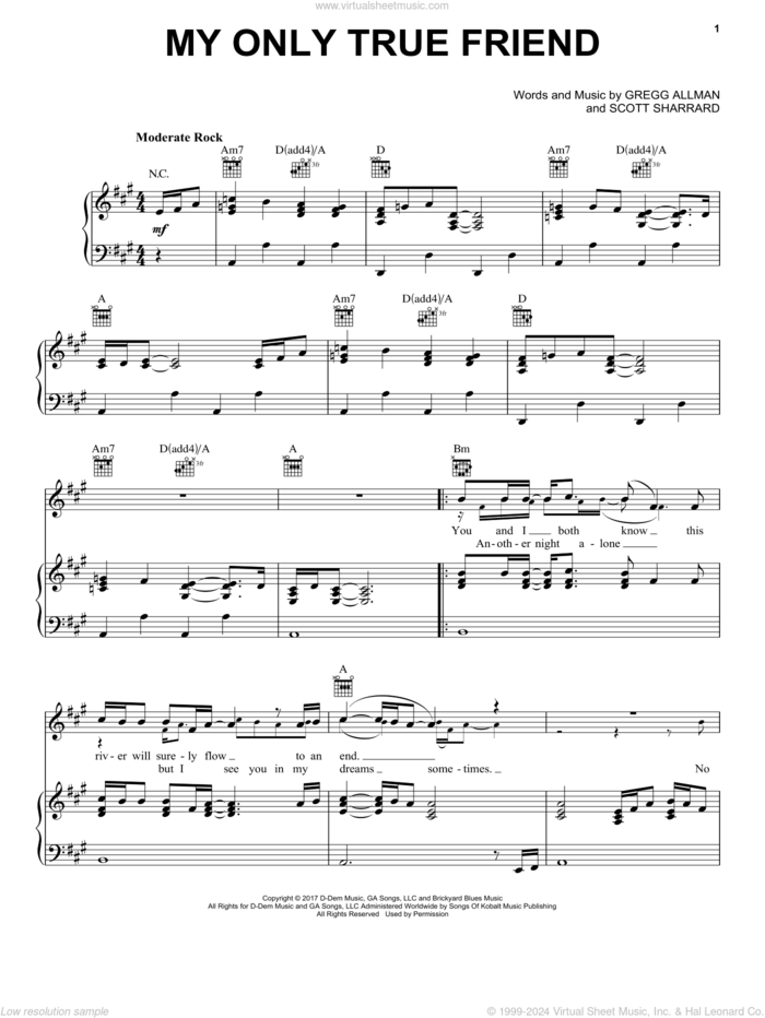 My Only True Friend sheet music for voice, piano or guitar by Gregg Allman and Scott Sharrard, intermediate skill level