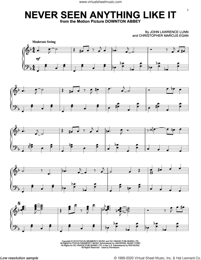 Never Seen Anything Like It (from the Motion Picture Downton Abbey) sheet music for piano solo by John Lunn and Christopher Marcus Egan, intermediate skill level